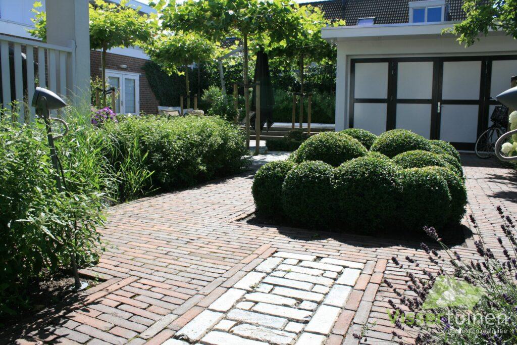 3229 visser tuinen alphen aan den rijn back garden roof shaped trees brick pavement lightening buxus 1